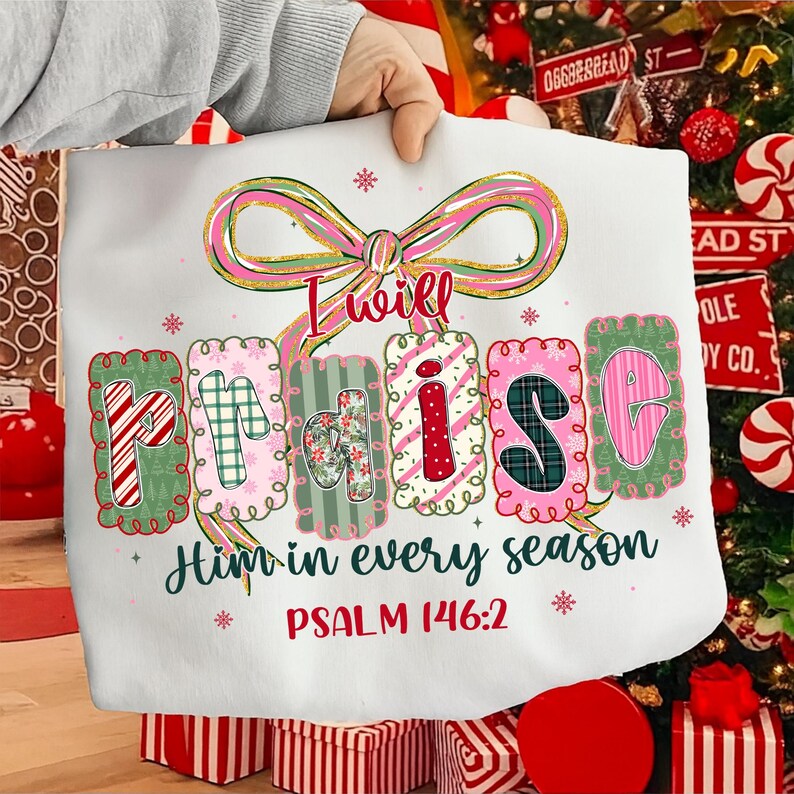 May include: White sweatshirt with the text "I will praise Him in every season" and Psalm 146:2. The word "praise" is in colorful, patterned letters. A pink and gold bow is at the top.