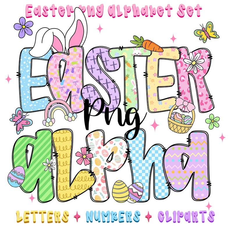 Op de afbeelding: Een kleurrijke digitale alfabetset met Pasen als thema. Het woord "EASTER" wordt weergegeven met konijnenoren, wortels en paaseieren. Het woord "ALPHA" wordt ook getoond, samen met de tekst "LETTERS + NUMBERS + CLIPARTS". Het ontwerp bevat vlinders, bloemen en een regenboog.