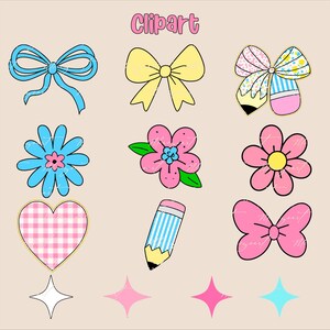 K&ouml;nnte beinhalten: Eine Sammlung farbenfroher Clipart-Elemente, darunter Schleifen, Blumen, ein Herz, ein Bleistift und Sterne. Das Wort "Clipart" steht in Rosa oben. Die Designs zeigen verschiedene Farben wie Blau, Gelb, Rosa und Wei&szlig; mit schwarzen Umrissen.