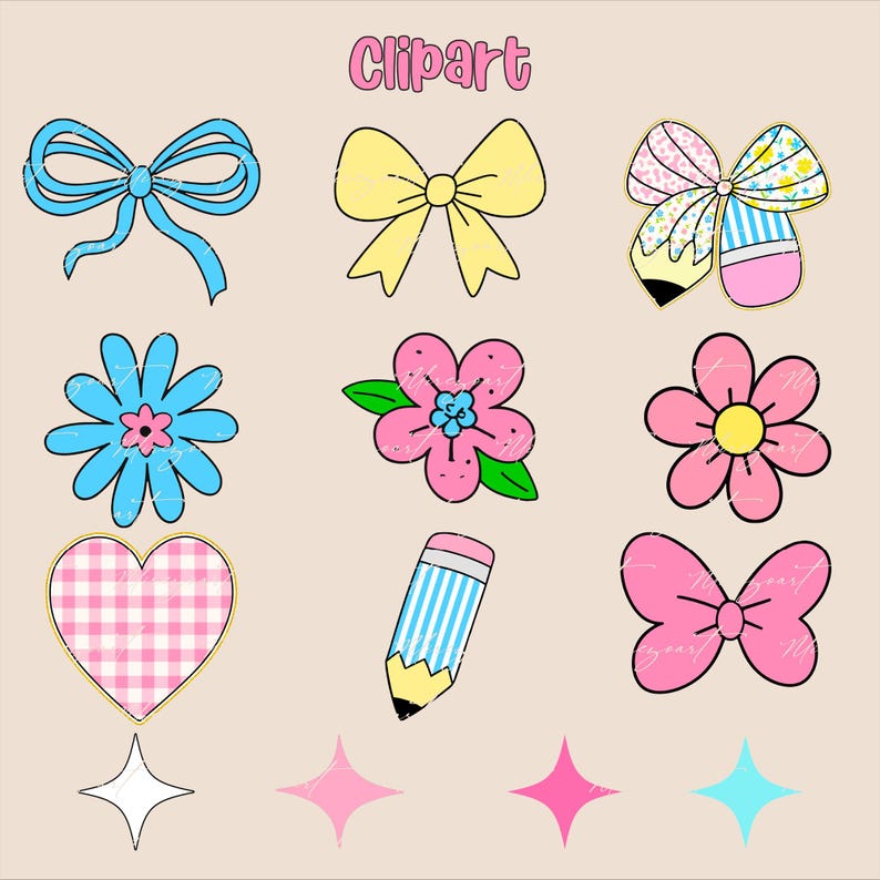 K&ouml;nnte beinhalten: Eine Sammlung farbenfroher Clipart-Elemente, darunter Schleifen, Blumen, ein Herz, ein Bleistift und Sterne. Das Wort "Clipart" steht in Rosa oben. Die Designs zeigen verschiedene Farben wie Blau, Gelb, Rosa und Wei&szlig; mit schwarzen Umrissen.