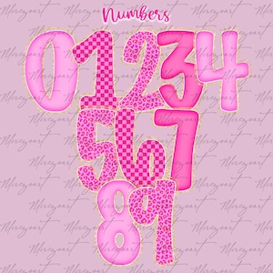 May include: Pink digital art featuring the numbers 0 through 9. The numbers have a 3D effect with a gold outline. Some numbers have a pink and white checkered pattern, while others have a pink leopard print. The word "Numbers" is at the top.
