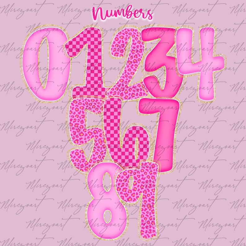 May include: Pink digital art featuring the numbers 0 through 9. The numbers have a 3D effect with a gold outline. Some numbers have a pink and white checkered pattern, while others have a pink leopard print. The word "Numbers" is at the top.