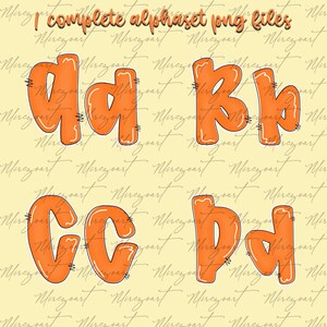 May include: Orange alphabet letters with a white outline and stitched details. The letters are displayed on a light yellow background with the text "I complete alphaset png files" at the top.