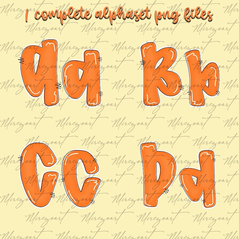 May include: Orange alphabet letters with a white outline and stitched details. The letters are displayed on a light yellow background with the text "I complete alphaset png files" at the top.