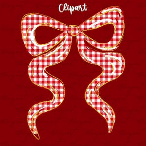May include: A decorative clipart image of a red and white gingham bow with gold glitter trim. The word "Clipart" is written in white script at the top. The bow is set against a solid red background.