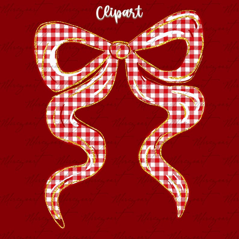 May include: A decorative clipart image of a red and white gingham bow with gold glitter trim. The word "Clipart" is written in white script at the top. The bow is set against a solid red background.