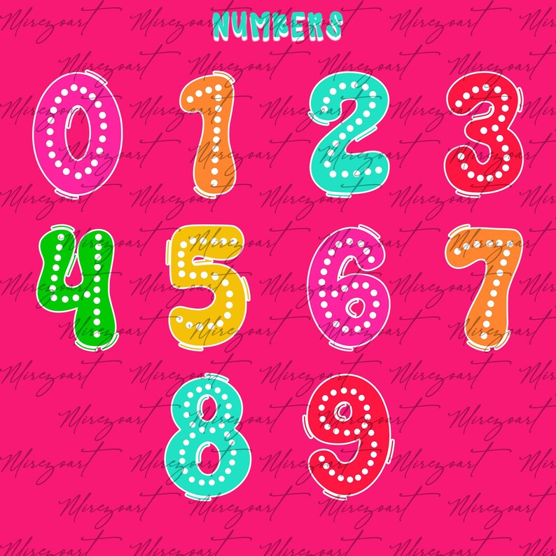 May include: Colorful numbers 0-9 in various colors, including pink, orange, and green, with white dotted outlines. The word "NUMBERS" is at the top. The background is a vibrant pink with a repeating script pattern.