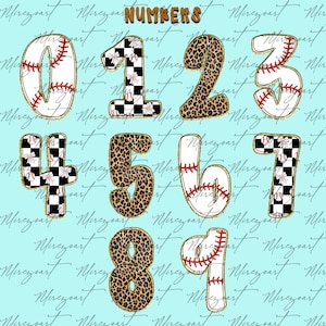 May include: A collection of numbers 0-9 with various designs. Some numbers feature baseball stitching, while others have a black and white checkered pattern or a leopard print. The word "NUMBERS" is at the top.
