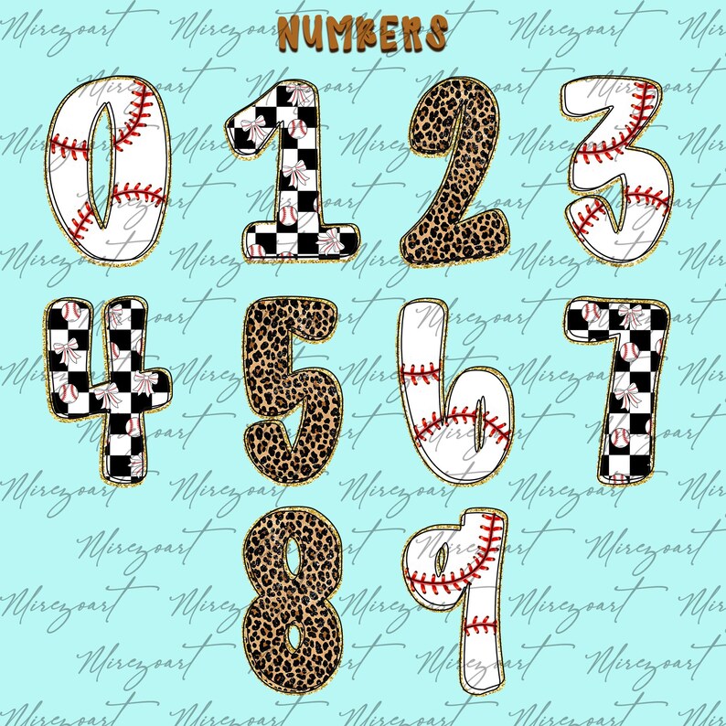 May include: A collection of numbers 0-9 with various designs. Some numbers feature baseball stitching, while others have a black and white checkered pattern or a leopard print. The word "NUMBERS" is at the top.