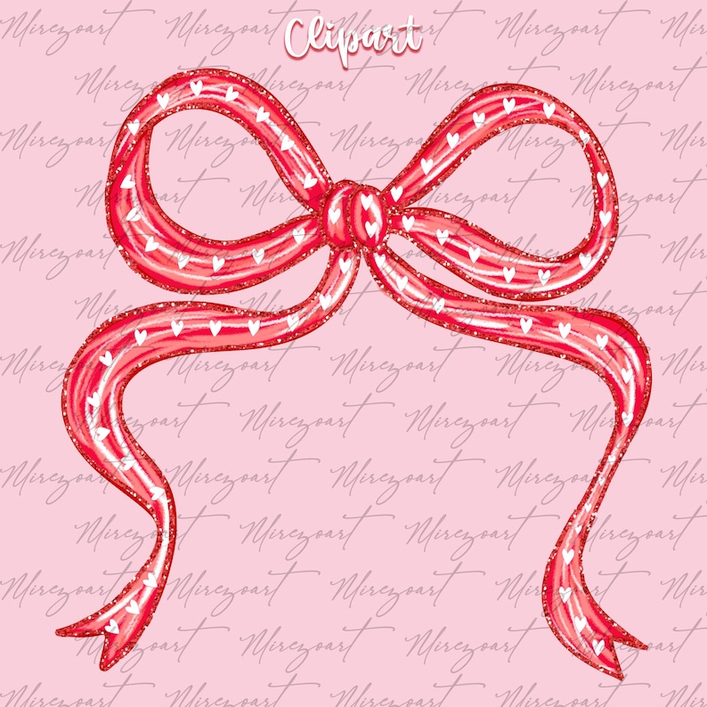 May include: A red bow with white heart accents and glitter details. The bow is a decorative element, possibly for crafts or gift wrapping. The word "Clipart" is written in white at the top.