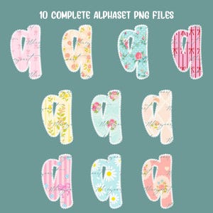 May include: A collection of ten lowercase letter "q" designs in various floral and patterned styles. Each letter is outlined with a white lace trim. The letters feature designs with roses, stripes, and polka dots, with the text "10 COMPLETE ALPHABET PNG FILES" at the top.