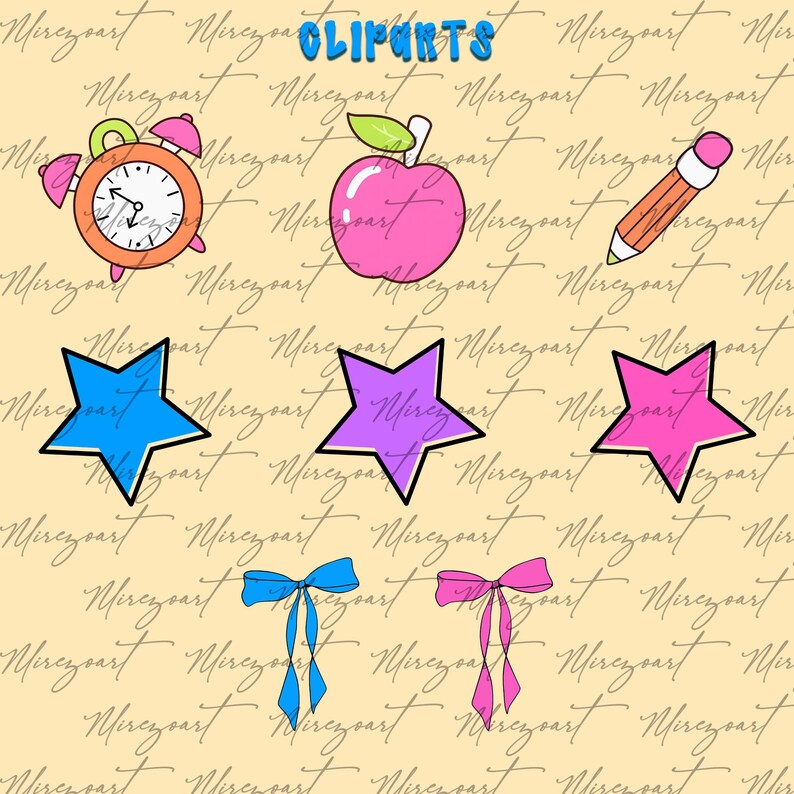 May include: A selection of colourful clip art elements featuring a pink alarm clock, a pink apple with a green leaf, a pencil, three stars in blue, purple, and pink, and two bows in blue and pink. The word "cliparts" is written in blue.
