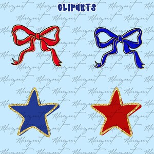 May include: Digital clip art featuring a red bow and a blue bow, along with a blue star and a red star, all with gold glitter accents. The word "CLIPARTS" is at the top in blue. The background is light blue with a script pattern.