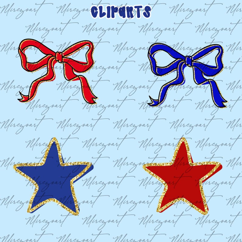 May include: Digital clip art featuring a red bow and a blue bow, along with a blue star and a red star, all with gold glitter accents. The word "CLIPARTS" is at the top in blue. The background is light blue with a script pattern.