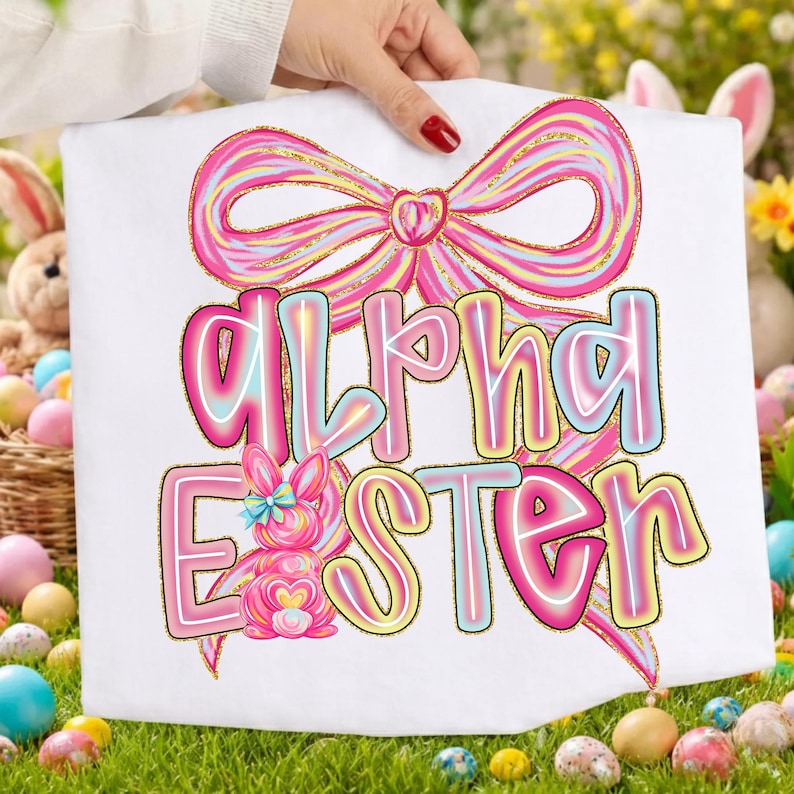 May include: White t-shirt featuring a large pink bow and the words "Alpha Easter" in a colorful, outlined font. A pink bunny with a blue bow is also featured. The design is set against a background of Easter eggs and grass.