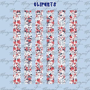 May include: Vertical stripes of floral patterns with red roses and navy blue accents on a white background. The word "CLIPARTS" is in blue block letters at the top. The background is a light blue colour.