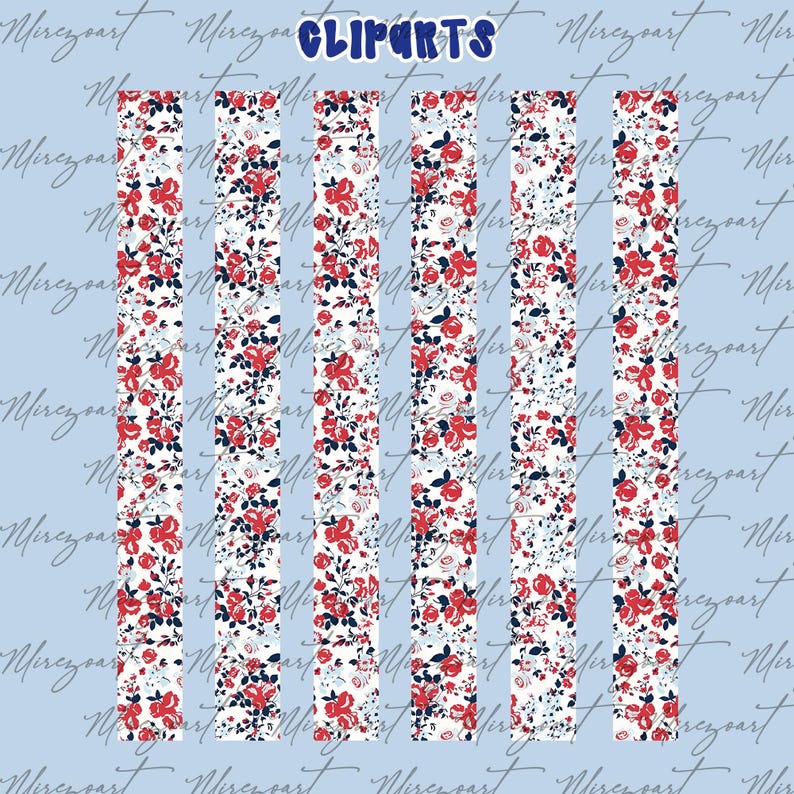 May include: Vertical stripes of floral patterns with red roses and navy blue accents on a white background. The word "CLIPARTS" is in blue block letters at the top. The background is a light blue colour.