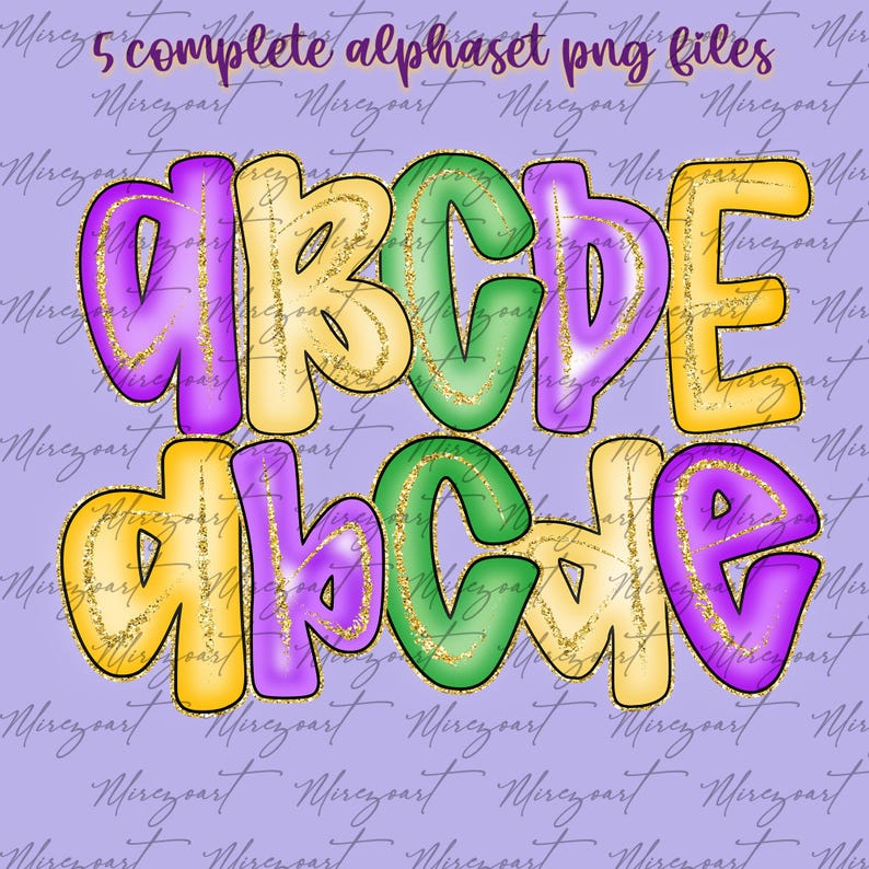 May include: A digital design featuring the letters A, B, C, D, and E in two rows. The letters are in purple, green, and yellow with gold glitter accents. The text "5 complete alphabet png files" is at the top.