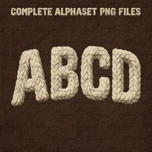May include: A brown background with the text "COMPLETE ALPHABET PNG FILES" at the top. The letters A, B, C, and D are in the foreground, made to look like they are knitted with a cream-colored yarn. The background has a subtle script pattern.