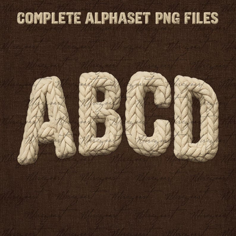 May include: A brown background with the text "COMPLETE ALPHABET PNG FILES" at the top. The letters A, B, C, and D are in the foreground, made to look like they are knitted with a cream-colored yarn. The background has a subtle script pattern.