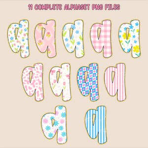 K&ouml;nnte beinhalten: Elf Designs des Kleinbuchstabens "a" mit verschiedenen Mustern, darunter Blumen, Vichy-Karo und Streifen. Die Buchstaben sind goldfarben umrandet und vor einem hellbeige Hintergrund platziert. Der Text "11 COMPLETE ALPHABET PNG FILES" steht oben.
