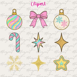 May include: A collection of colorful Christmas-themed clipart. Includes ornaments, a bow, a candy cane, stars, and a snowflake. The ornaments feature pastel swirls and snowflake designs. The text "Clipart" is visible at the top.