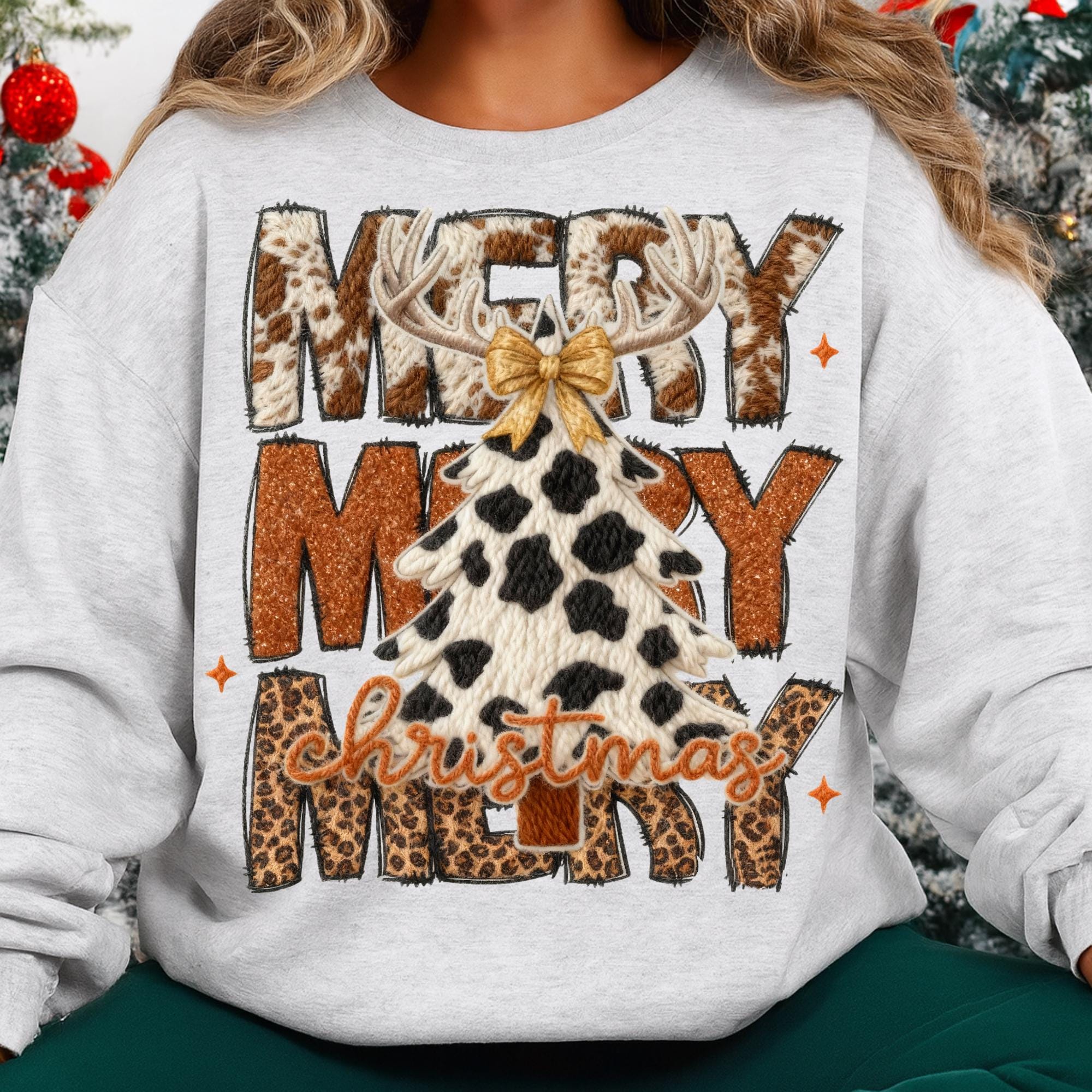 Faux Yarn Cow Print Christmas Tree PNG With Antlers, Western Merry ...