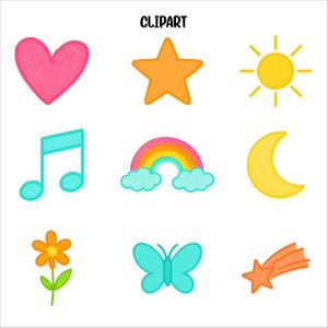 May include: A collection of colorful clipart illustrations on a white background. The images include a pink heart, orange star, yellow sun, blue musical note, rainbow, yellow crescent moon, orange flower, turquoise butterfly, and an orange shooting star. The word "CLIPART" is at the top.