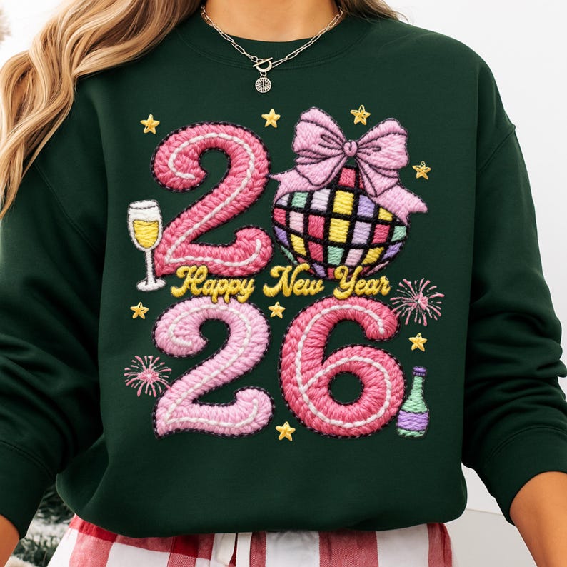May include: Dark green sweatshirt with a festive embroidered design. The design includes the numbers "26" in pink, a disco ball, a champagne glass, fireworks, stars, and the words "Happy New Year" in gold.