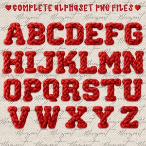 May include: A complete alphabet set in PNG files. The letters A through Z are displayed in a bold, red, knitted style. The letters are arranged on a textured, off-white background with script text.