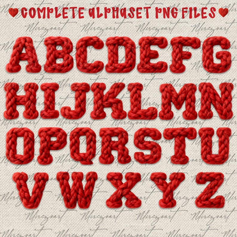 May include: A complete alphabet set in PNG files. The letters A through Z are displayed in a bold, red, knitted style. The letters are arranged on a textured, off-white background with script text.