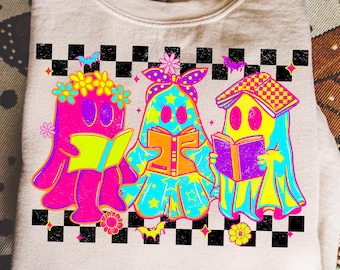 Neon Reading Ghosts PNG Retro Halloween Sublimation Design Cute Spooky Aesthetic Clipart for Teachers, Book Lovers & Crafts