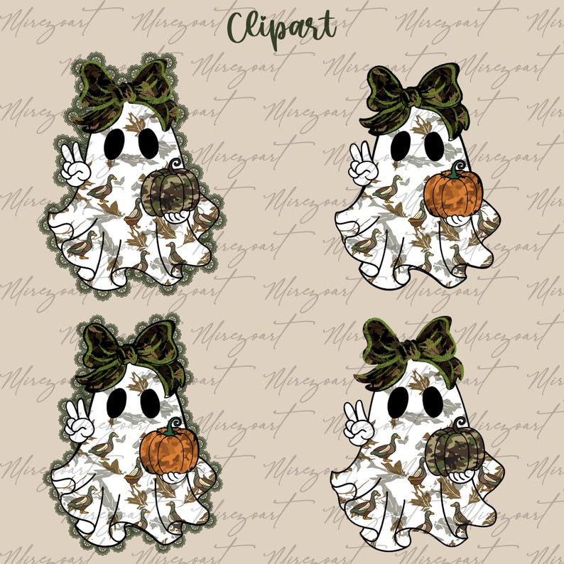 May include: A collection of four cartoon ghost figures with a camouflage bow, holding pumpkins. The ghosts are white with a duck pattern and a peace sign. The image has the word "Clipart" at the top.
