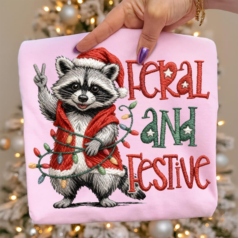 May include: Pink sweatshirt with a raccoon wearing a Santa hat and vest, wrapped in Christmas lights. The text "FERAL AND FESTIVE" is embroidered in red and green. The raccoon is giving a peace sign.
