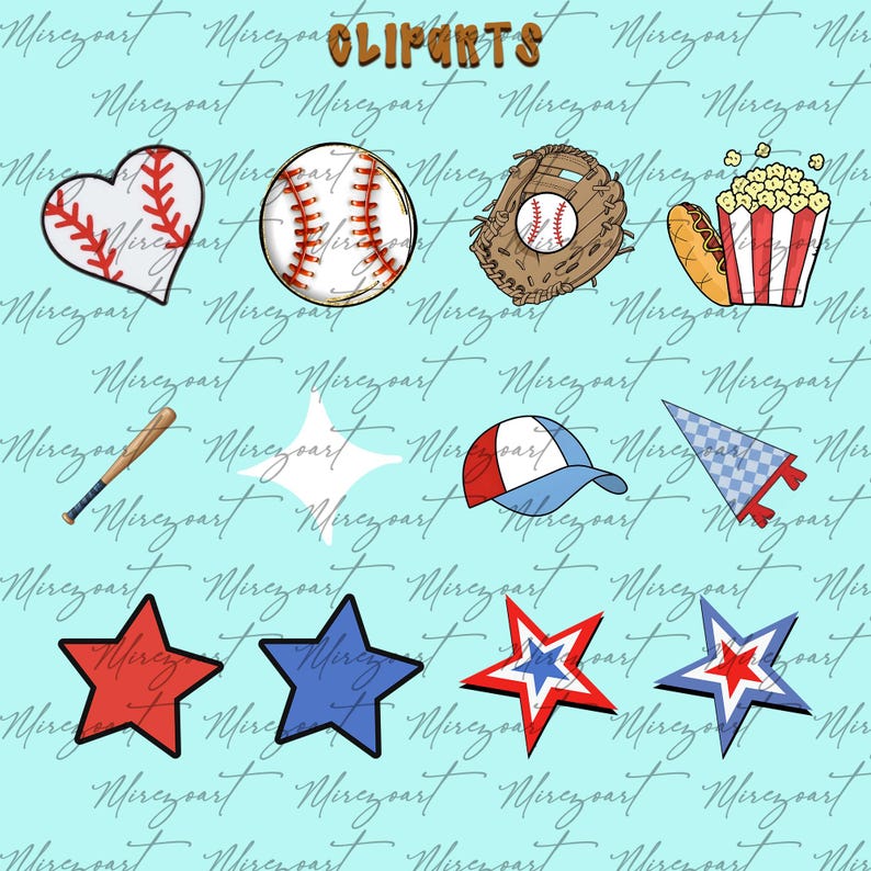 May include: A collection of baseball-themed clip art elements on a light blue background. Includes a baseball heart, baseball, glove, popcorn, hot dog, bat, starburst, baseball cap, and stars in red, white, and blue.