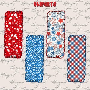 May include: A collection of rectangular designs with scalloped edges. Patterns include red floral, blue leopard print, red and blue stars, and red and blue gingham. The word "cliparts" is at the top.