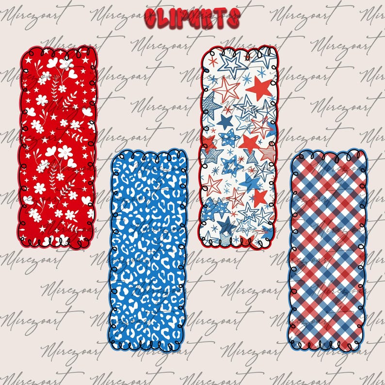 May include: A collection of rectangular designs with scalloped edges. Patterns include red floral, blue leopard print, red and blue stars, and red and blue gingham. The word "cliparts" is at the top.