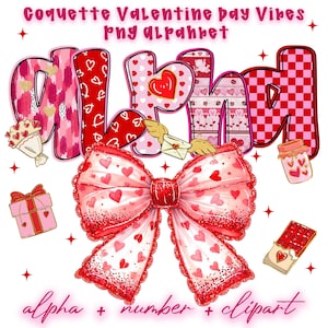 May include: A digital graphic with the text "Coquette Valentine Day Vibes Png Alphabet" above the word "MOM" in pink and red patterns. A large red bow with heart details is in the center. Additional elements include a gift box, bouquet, and chocolate bar.