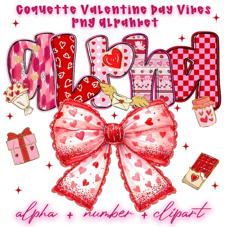 May include: A digital graphic with the text "Coquette Valentine Day Vibes Png Alphabet" above the word "MOM" in pink and red patterns. A large red bow with heart details is in the center. Additional elements include a gift box, bouquet, and chocolate bar.
