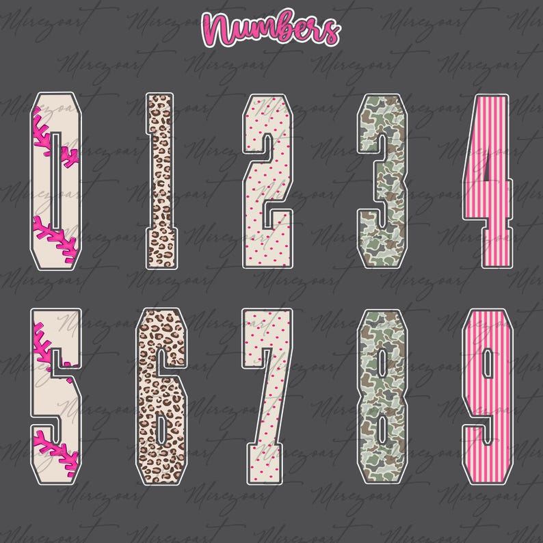 May include: A collection of numbers 0-9 in various patterns, including baseball stitching, leopard print, polka dots, camouflage, and pink stripes. The word "Numbers" is written in pink script at the top. The numbers have a white outline.