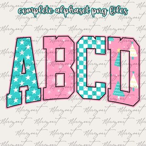 May include: A colorful alphabet design featuring the letters A, B, C, and D. Each letter has a unique pattern, including stars, checkered squares, and Christmas trees. The text "complete alphabet png files" is at the top.