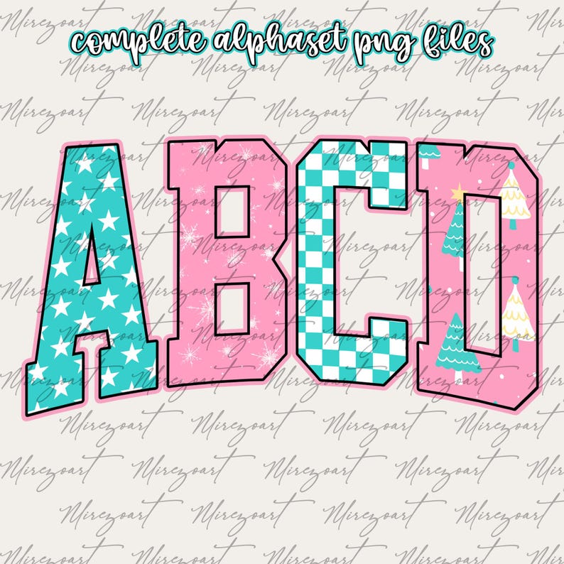 May include: A colorful alphabet design featuring the letters A, B, C, and D. Each letter has a unique pattern, including stars, checkered squares, and Christmas trees. The text "complete alphabet png files" is at the top.