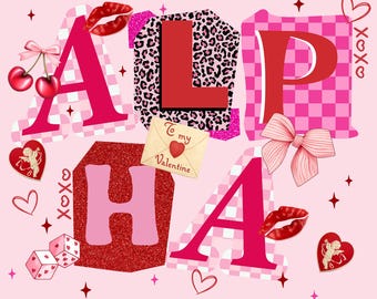 Vintage Valentine Alphabet PNG Bundle with Letters Numbers and Romantic Cliparts for Sublimation Crafts Scrapbooking and Love Designs