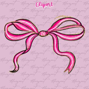 May include: A pink bow illustration with gold accents and black outlines. The word "Clipart" is written in pink at the top. The background is a light pink color with the word "Merezeart" repeated.