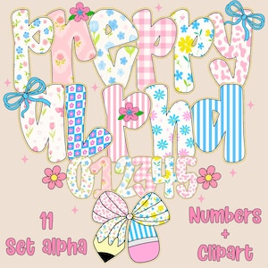 K&ouml;nnte beinhalten: Eine digitale Grafik mit den Worten "PREPPY ALPHA" im Bubble-Letter-Stil, verziert mit floralen, Vichy- und Streifenmustern. Zahlen 0-5 sind ebenfalls enthalten, zusammen mit einer Bleistift- und Schleifenillustration. Der Text "11 Set alpha" und "Numbers + Clipart" ist ebenfalls vorhanden.