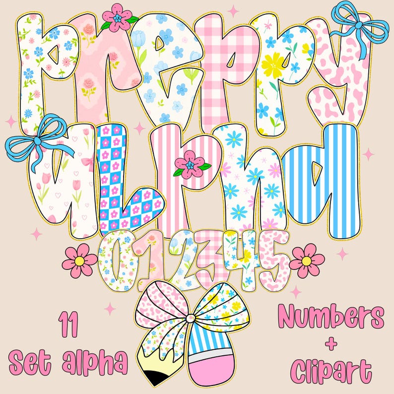 K&ouml;nnte beinhalten: Eine digitale Grafik mit den Worten "PREPPY ALPHA" im Bubble-Letter-Stil, verziert mit floralen, Vichy- und Streifenmustern. Zahlen 0-5 sind ebenfalls enthalten, zusammen mit einer Bleistift- und Schleifenillustration. Der Text "11 Set alpha" und "Numbers + Clipart" ist ebenfalls vorhanden.