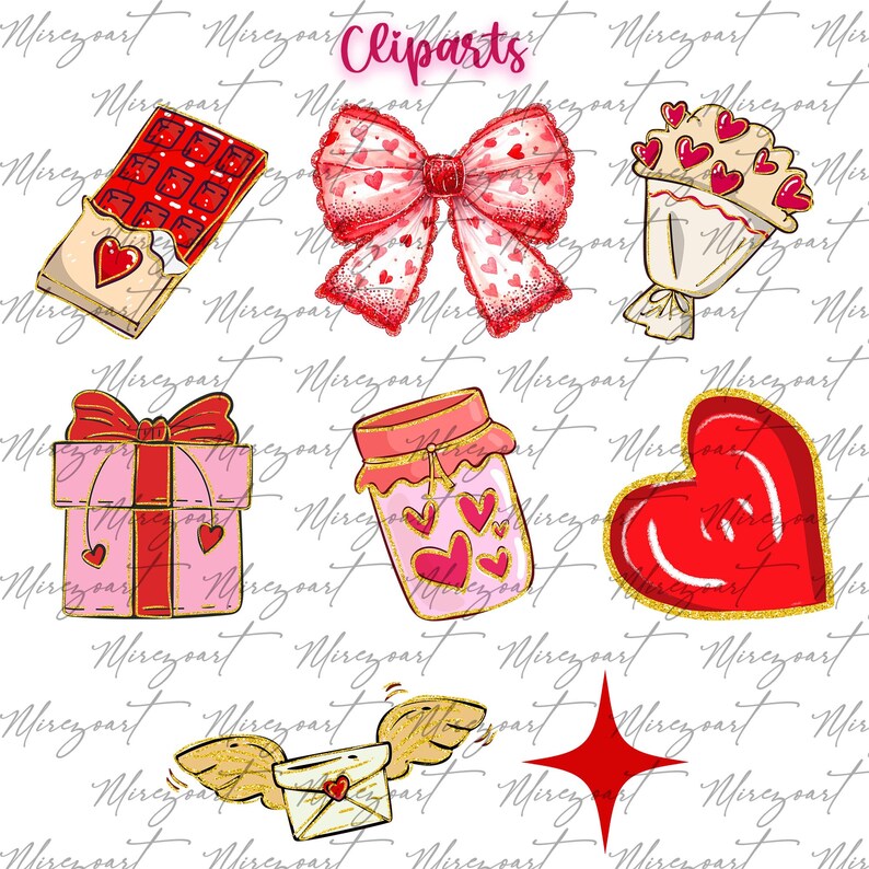 May include: A collection of Valentine's Day themed clip art. Includes a chocolate bar, a bow, a bouquet of hearts, a gift box, a jar of hearts, a heart, a winged envelope, and a red star. The word "Cliparts" is at the top.