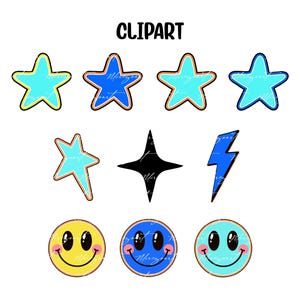 May include: A collection of colorful clipart elements on a white background. The image includes stars in various shades of blue, a black star, a blue lightning bolt, and three smiley faces. The word "CLIPART" is at the top.