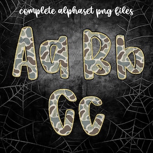 May include: Complete alphabet PNG files are displayed. The letters A, B, and C are shown in both uppercase and lowercase. The letters have a camouflage pattern in shades of green, brown, and gray, outlined in gold. The background is black with a spiderweb design.