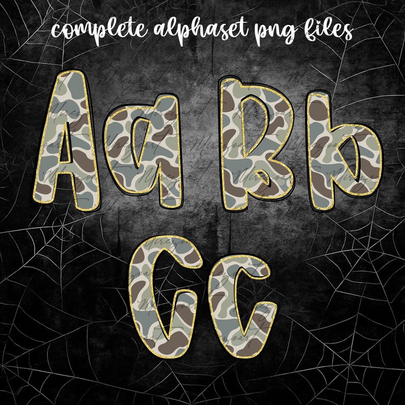May include: Complete alphabet PNG files are displayed. The letters A, B, and C are shown in both uppercase and lowercase. The letters have a camouflage pattern in shades of green, brown, and gray, outlined in gold. The background is black with a spiderweb design.